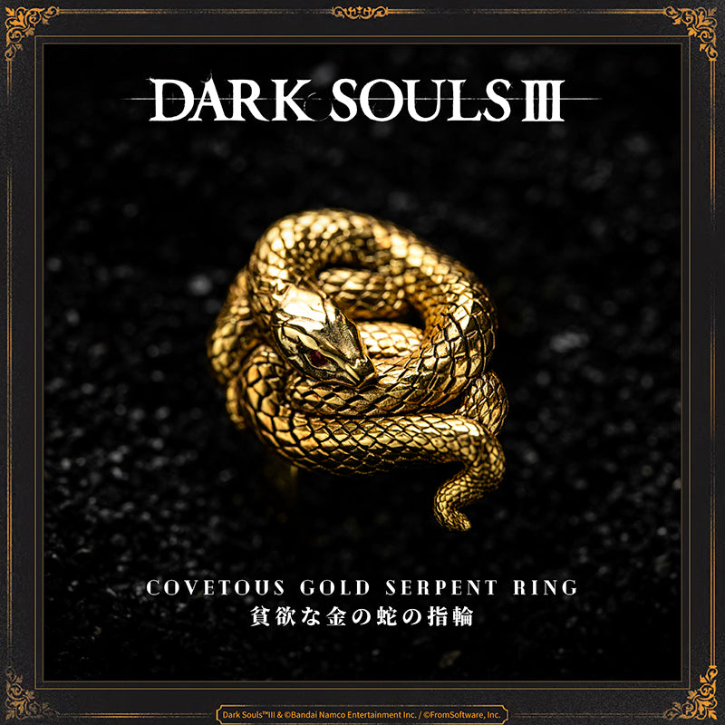 Covetous Gold Serpent Ring
A gold ring depicting a snake that could have been, but never was, a dragon. Fallen foes are more likely to drop items.  Snakes are known as creatures of great avarice, devouring prey even larger than themselves by swallowing them whole.  If one's shackles are cause for discontent, perhaps it is time for some good old fashioned greed.
PRODUCT PARAMETER
Brand: STARFORGED
Name: Covetous Gold Serpent Ring
Material: 18K Gold (Gold Version) / Brass (Brass Version)
Size: Hei
